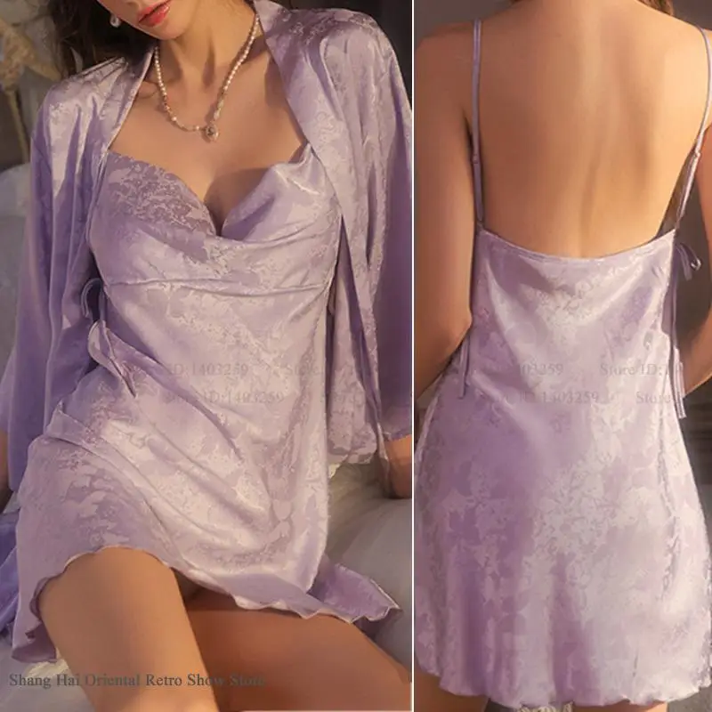 

Female Twinset Robe Set Sleepwear Sexy Bathrobe Suspender Nightgown Intimate Lingerie Summer Jacquard Butterfly Satin Homewear