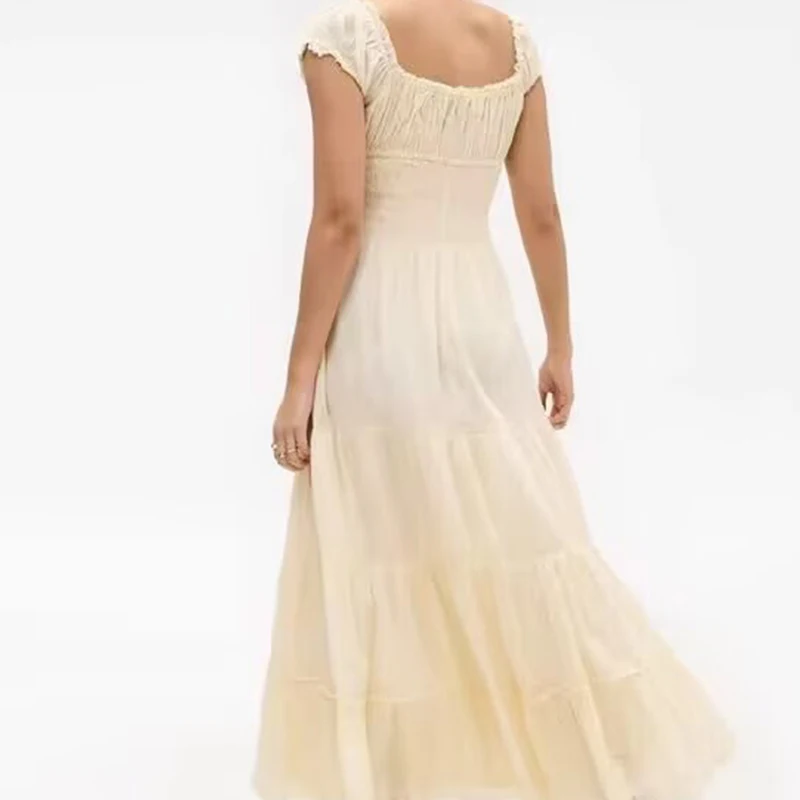 French Style Solid U-Neck Summer Dresses 2025 Women Short Sleeve A-line Casual Beach Boho Holiday Dress Elegant Lady Robe