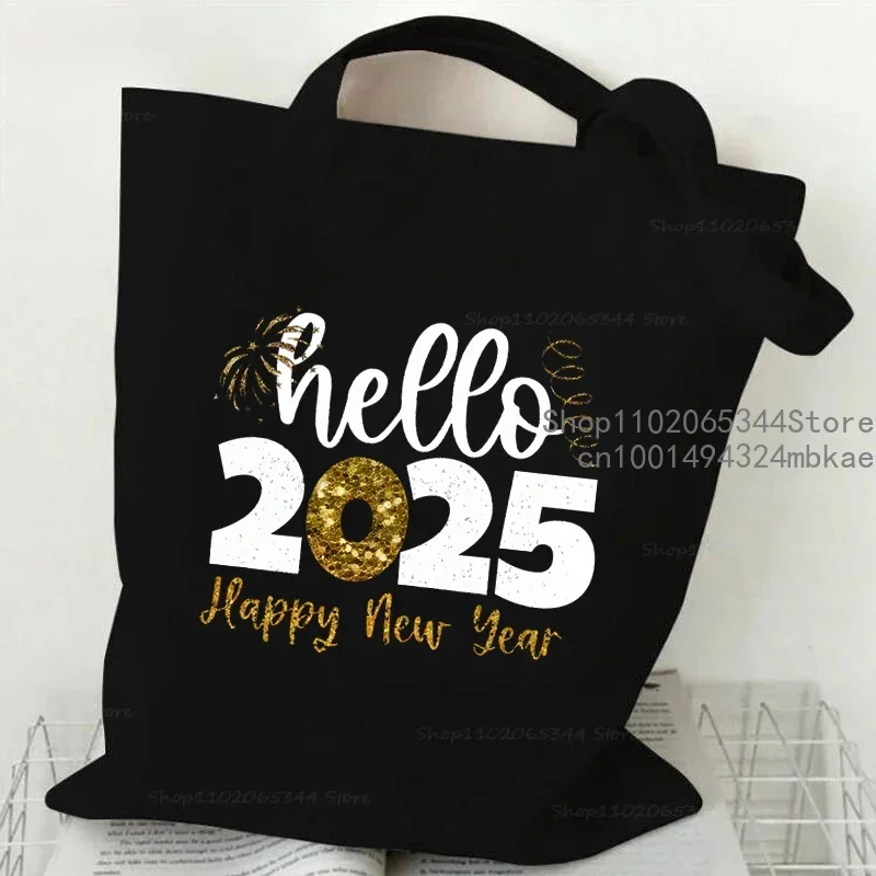 Hello 2025 Happy New Year Print Women Canvas Tote Bag Fashion Designer Unisex Casual Handbag Teen Reusable Shopping Shoulder Bag