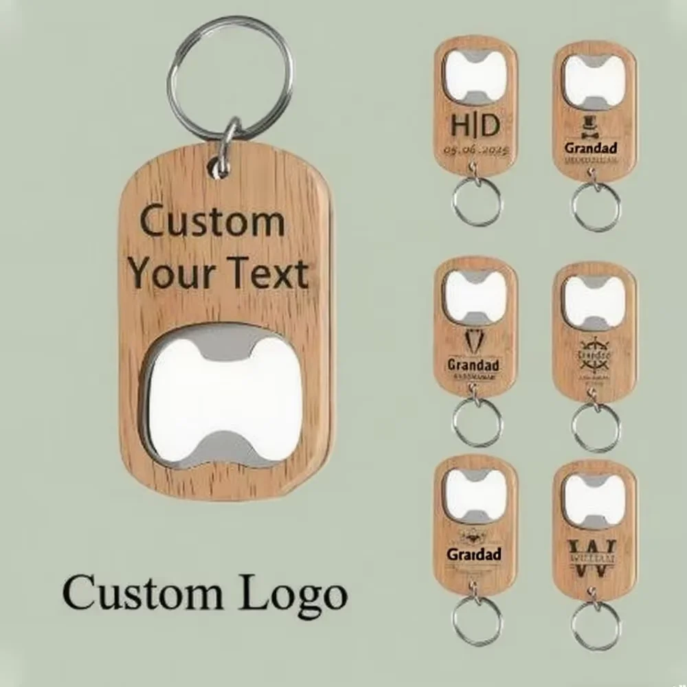 Custom Logo Name Simplicity Woodiness Beer Bottle Opener Keybuckle Keyring Wooden Artsand Crafts Keychain Carving Pendant Gift