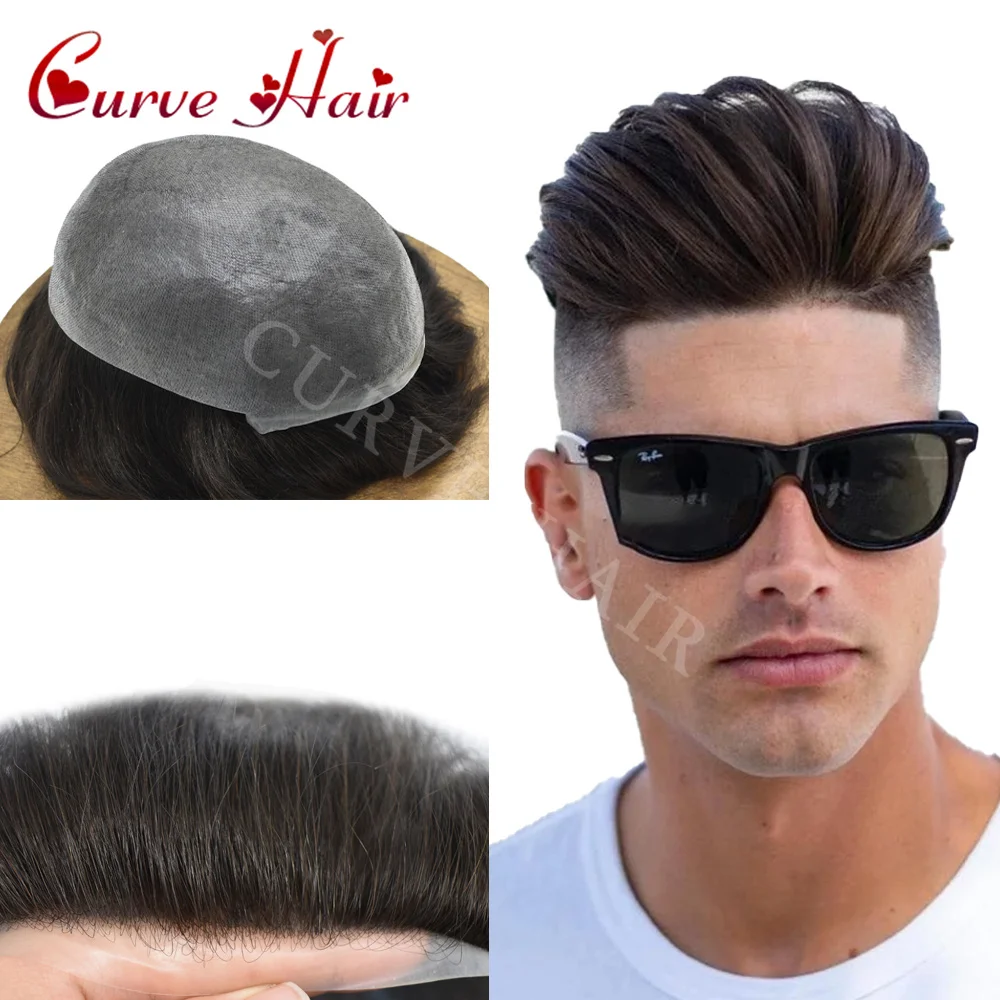 

Toupee for Men Ultra Thin Skin Mens Toupee Human Hair Replacement System 0.04mm Clear Poly Hairpiece Prosthesis for Man V-Looped