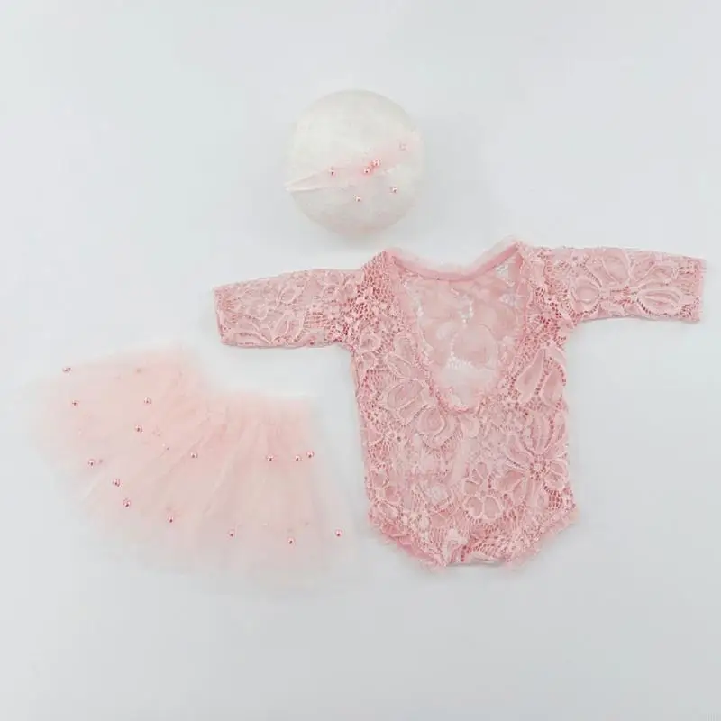 T8UD Newborn Photography Props Costume Headdress & Skirt 0-6M Baby Lacy Dresses