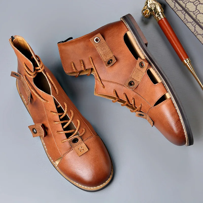 

Men's Boots Retro Lace Up High-top Boots Summer Leather Hollow Out Cool Boot Fashion Casual Leather Cool Boots Large Size38-48