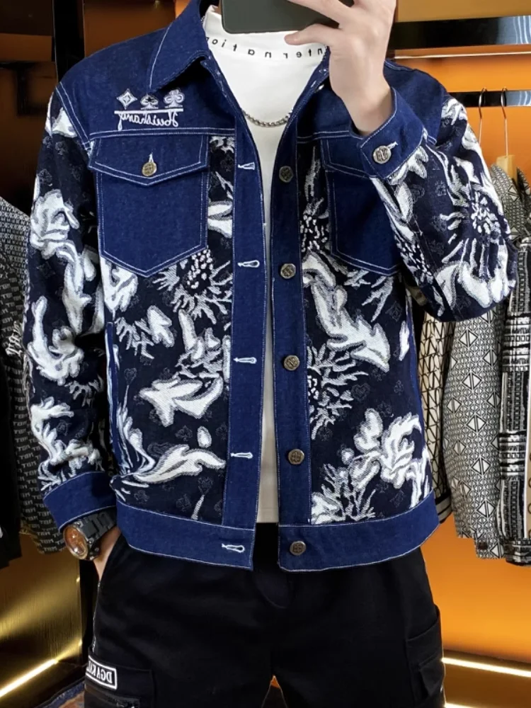 

Trendy Embroidered Stand Collar Denim Jacket for Men Spring Autumn New Style Versatile Modern Fit Cotton Polyester Blend