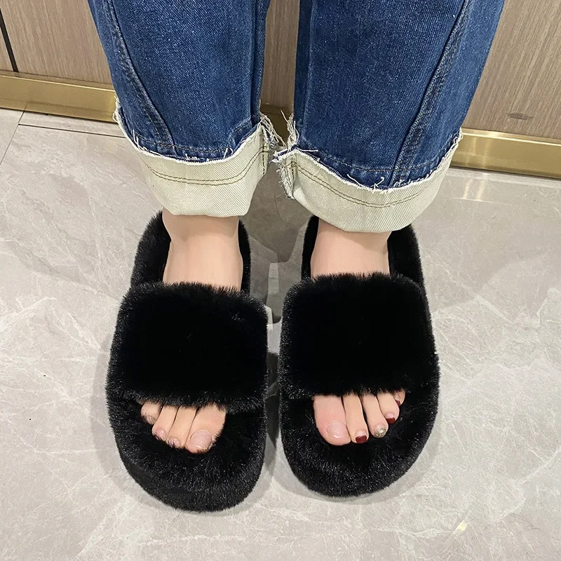 Home Furry Fur Slides Plush Slippers Fluffy Flip Flops Luxury Slip on Platform Women Fashion Shoe 2024 Zapato De Mujer Designer