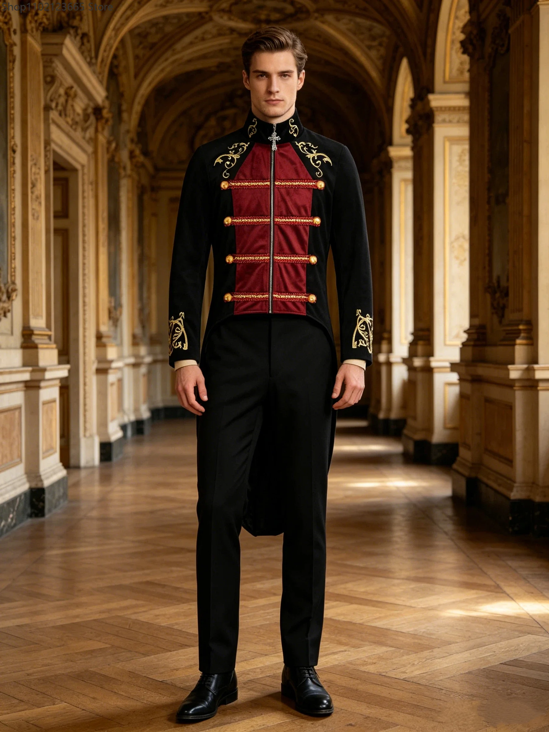 Herren Viktorianischer Bestickter Gehrock Bühnenkostüm Britischer Stehkragen Uniform Blazer Halloween Cosplay 2026