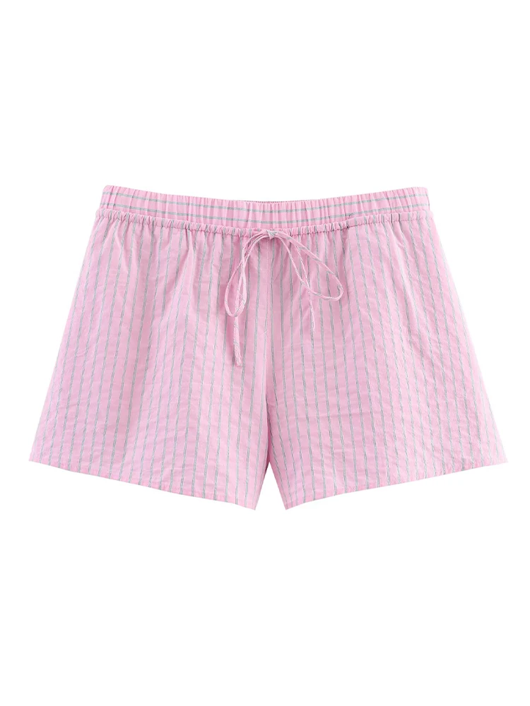 

2025 Spring New Women's Clothing Fashionable, Casual, Simple and Versatile Drawstring Elastic Waist Striped Mid-Rise Shorts
