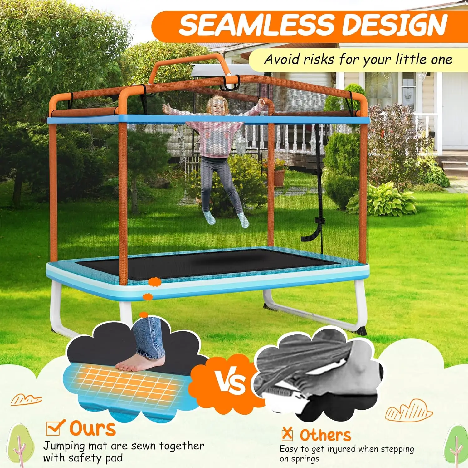 Trampoline for Kids, 75” ASTM Approved Recreational Trampolines with Swing, Horizontal Bar & Enclosure Net, Mini Rectangle