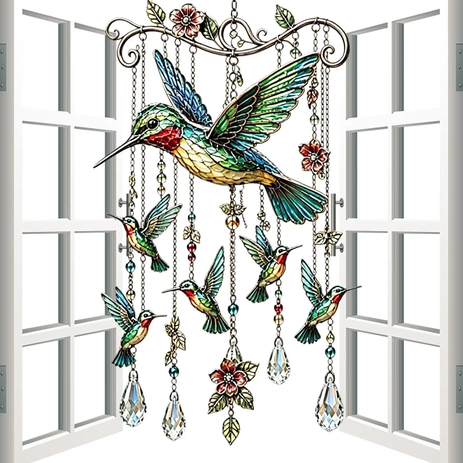 Home Courtyard Hanging Decors Hummingbirds Wind Chimes Graceful Bird Wind Chimes Metal Hanging Suncatchers with Pendants