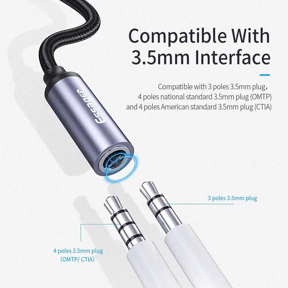 Essager USB C타입 3.5 잭 이어폰 어댑터, USB C-3.5mm 헤드폰 AUX 오디오 어댑터 케이블, 화웨이 P30 샤오미 미 10 9 Es