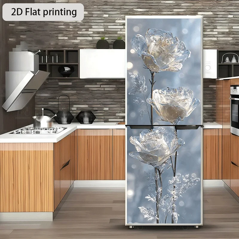 [2D Flat Printing] Refrigerator Sticker Ice Crystal Rose Three Branches Theme Design Wall Sticker Decoration Wallpaper Self-Ad