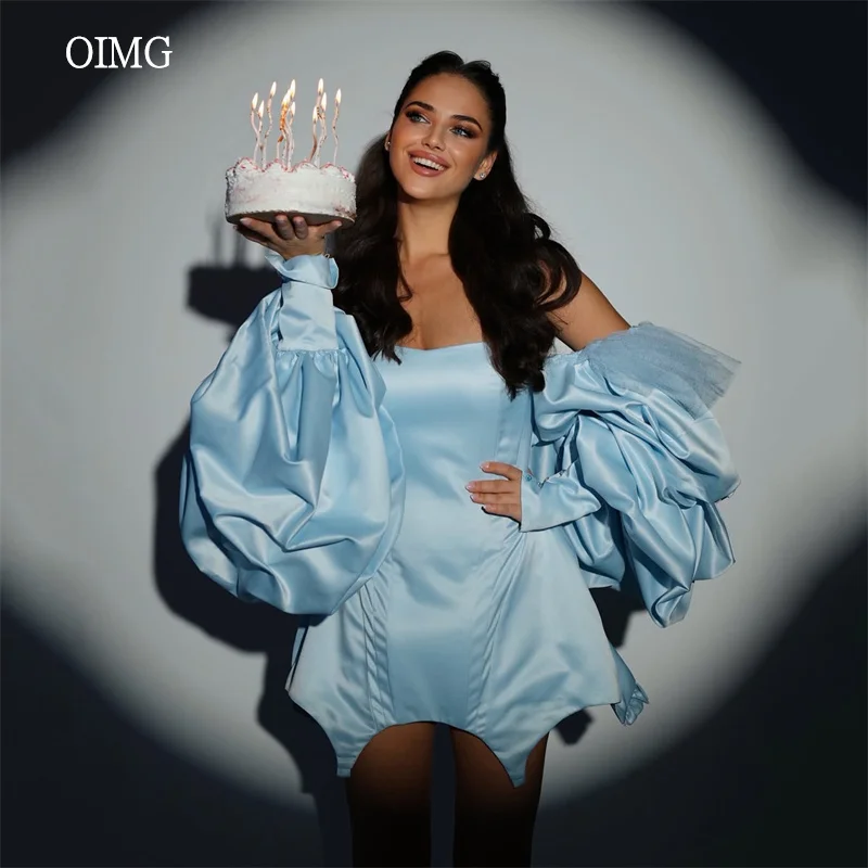 

OIMG Sky Blue Short Prom Gowns Satin Off The Shoulder Formal Party Gown Mini Birthday Evening Dress vestidos de gala Customized