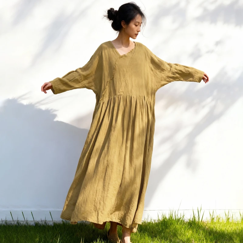 

Новинка 2026: Женское повседневное длинное платье макси из хлопка, бамбука и льна, высокого качества, с длинными рукавами, ретро V-образным вырезом, желтое