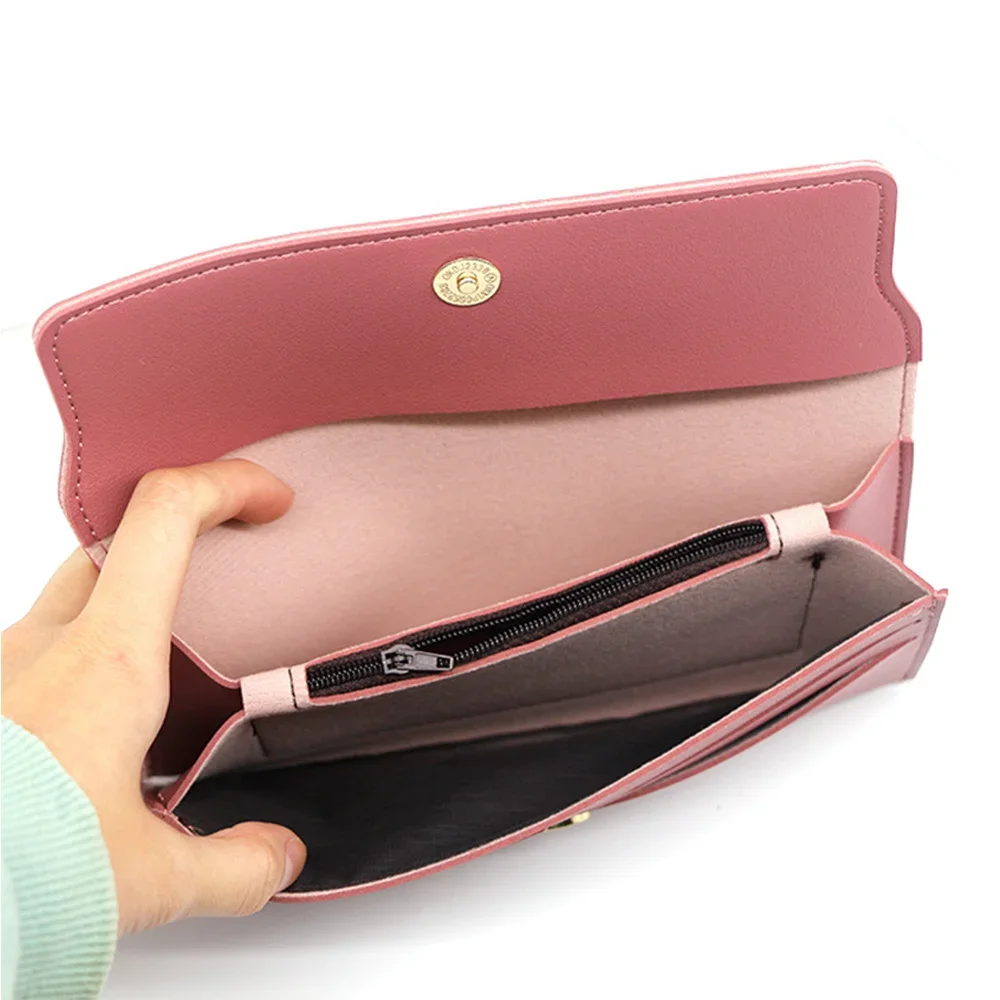 New Fashionable Women Long Wallets Pure Color Wool Ball Bow Clutch Bag Card Bag Coin Purse Standard Wallets PU Solid Polyester