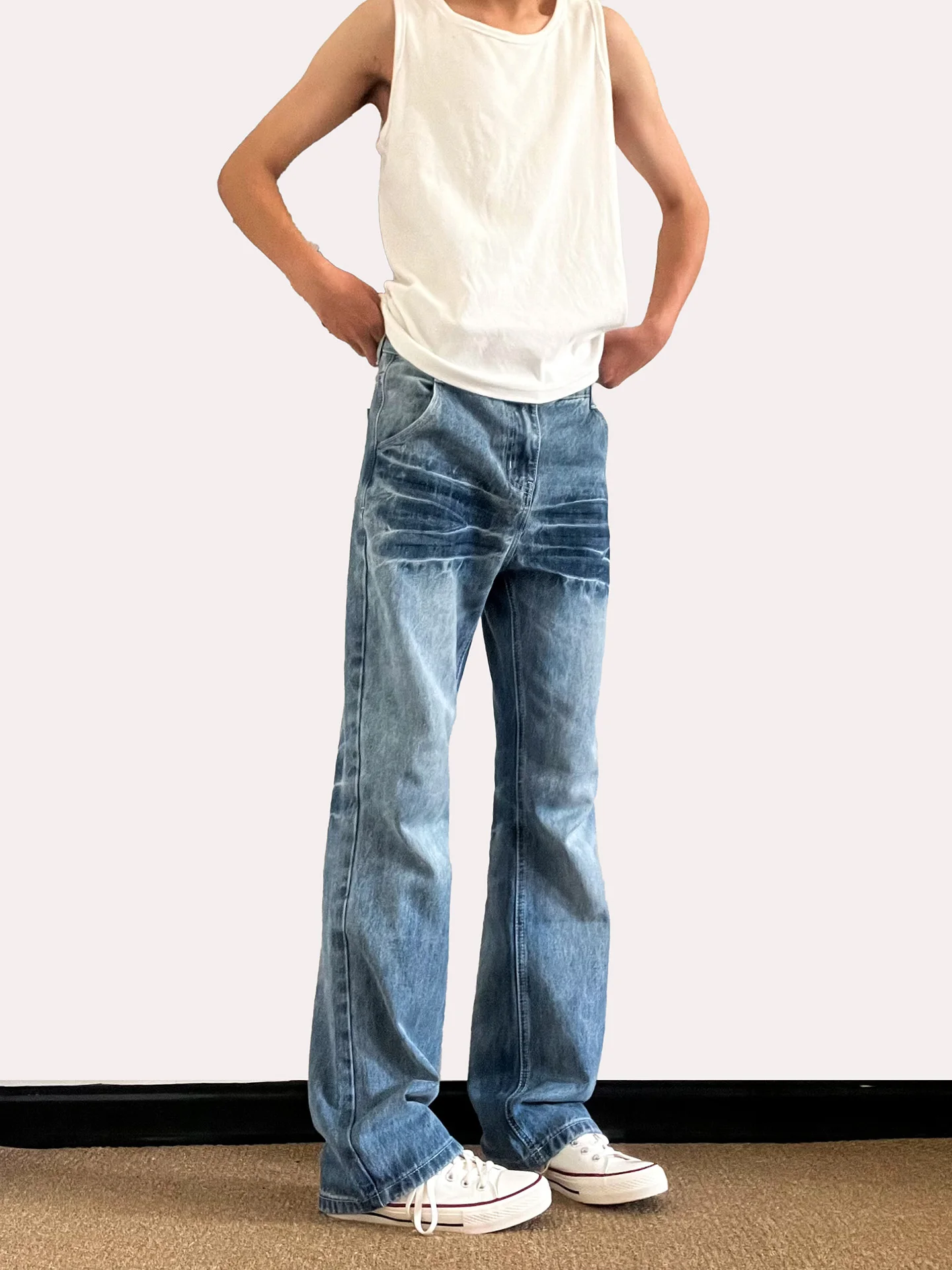 Cleanfit American High Street Washed Denim Jeans Men Women Straight Leg Micro Flared Long Trousers Casual mid Waist Zipper