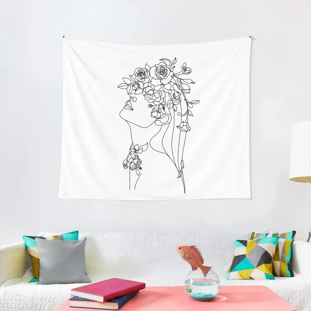 

One line face, illustration. Minimalist Woman Art.Abstract face with butterfly by one line drawing. Portrait minimalist Tapestry