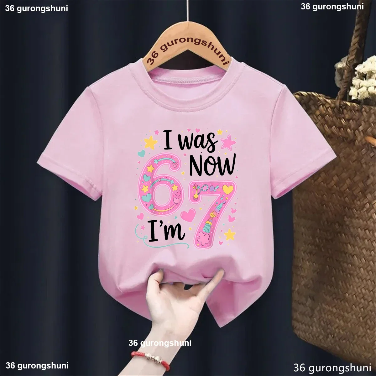 

Kawaii Kids Clothes Cute I Was 6 New I Am 7 Birthday Gift For Girls T-Shirt 67 Meme Hearts Stars T-Shirt Summer Short Sleeve Top