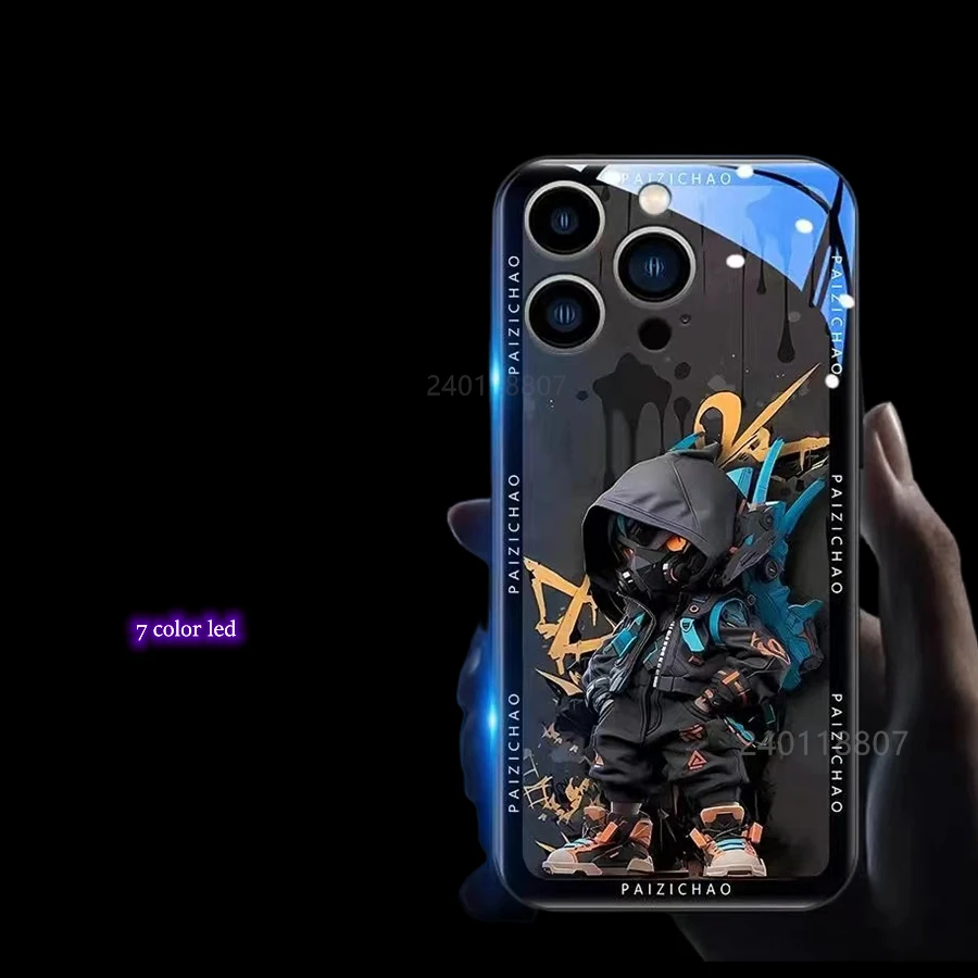 Dynamic Sound-Activated LED Flash Cover Capa for iPhone 15 12 13 11 14 Plus X Xs Xr 16 Pro Max 8 SE Anime Luminous Back Case