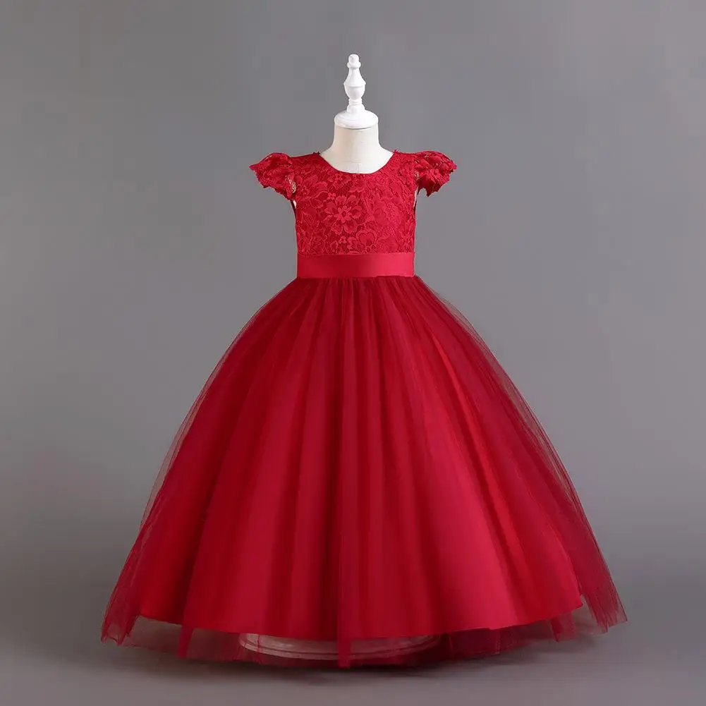 

New Princ Long Dr for Girls Birthday Par Knot Tulle Skirt Flower Girl Costume Wedding Dr Children's Clothes