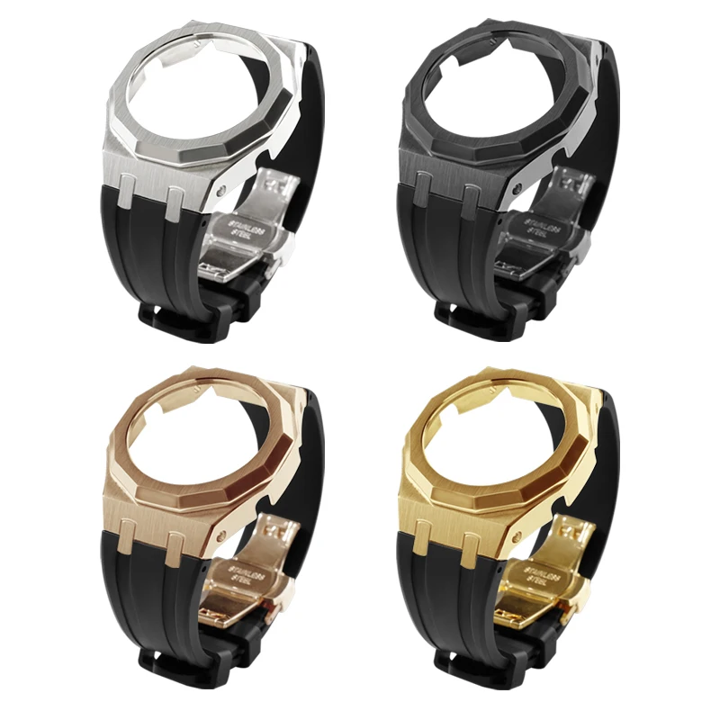 متوافق مع GA-2100/2110/B2100 GMA-S2100 حافظة معدنية من الفولاذ المقاوم للصدأ بحزام مطاطي ملحقات تعديل الساعة.