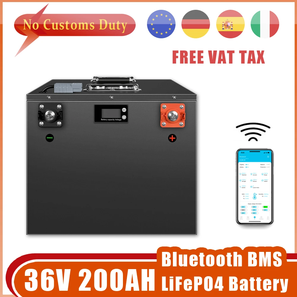 

36V 100Ah 200Ah LiFePO4 Battery Pack Built-in Bluetooth BMS 6000 Cycle For Solar Household Storage inverter RV Golf Cart No Tax