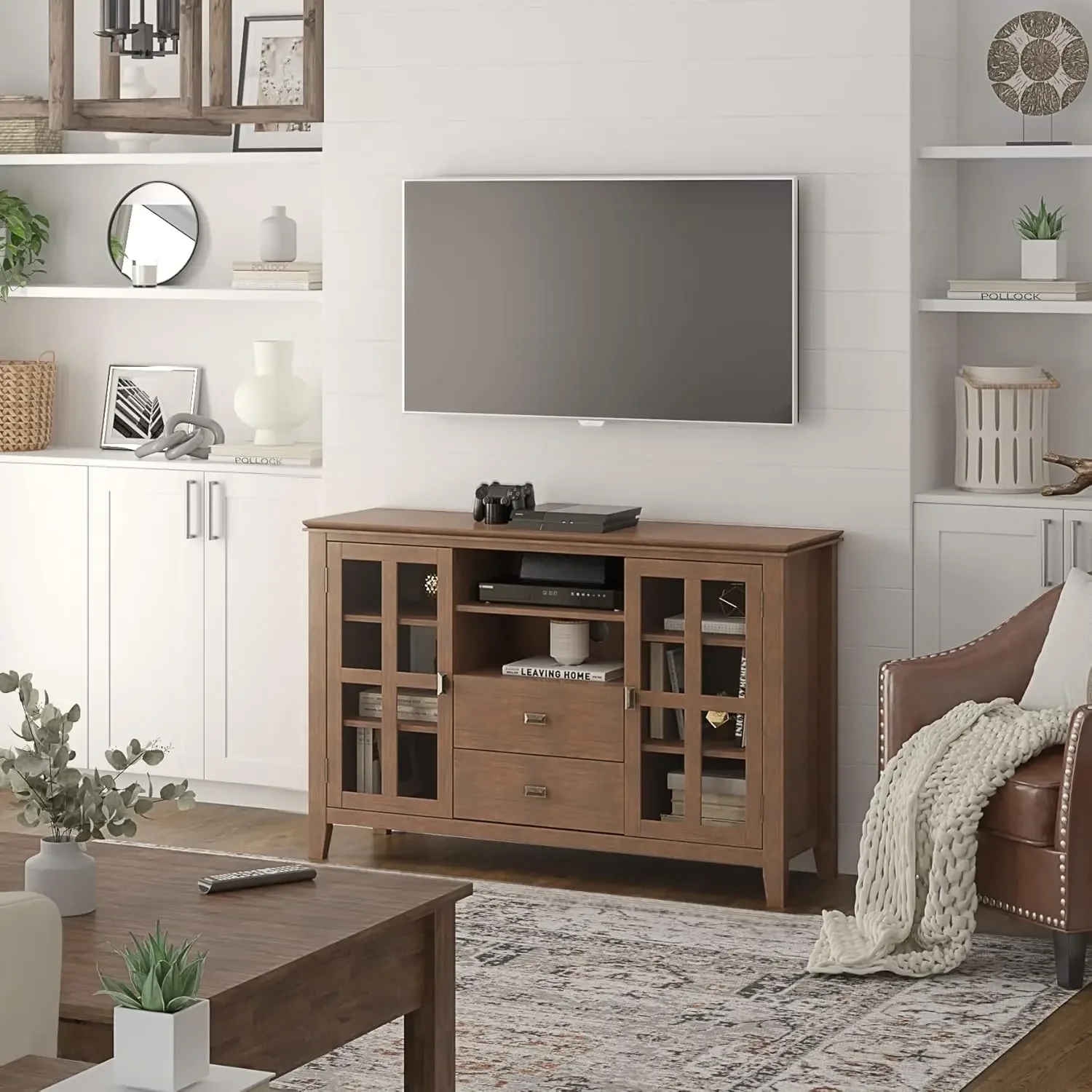 Artisan SOLID WOOD 53 Inch Wide Contemporary TV Media Stand in Rustic Natural Aged Brown for TVs up to 60 Inches