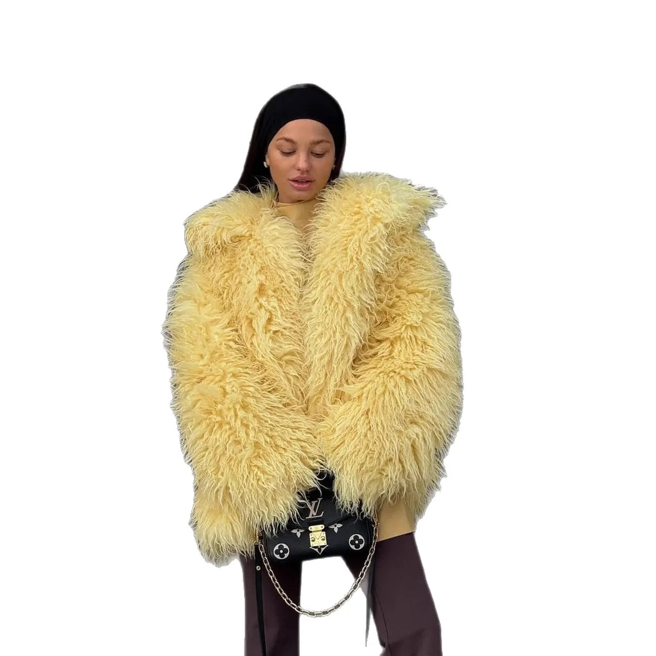 Mantel Bulu Imitasi Wanita Jaket Bulu Solid Oversize Syal Leher Bulat Lengan Panjang Jahitan Terbuka Tebal Hangat Bulu Kasual Musim Gugur Musim Dingin 2025