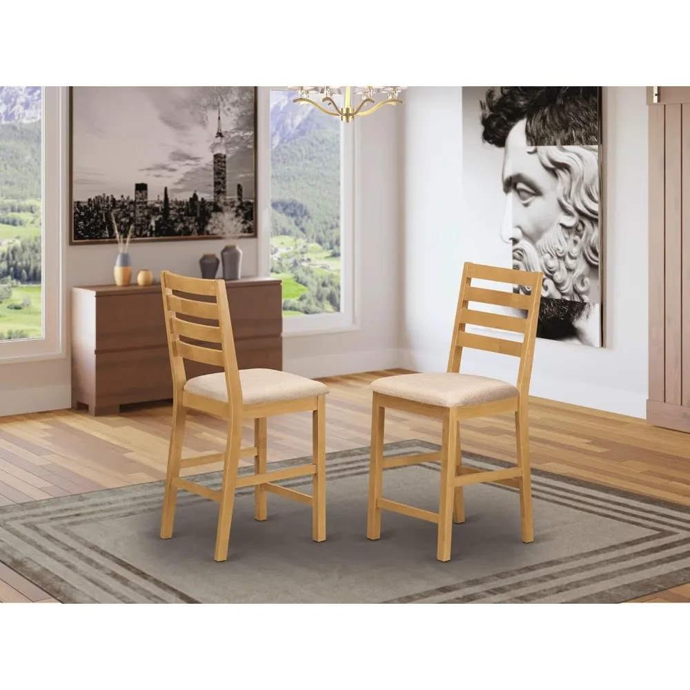 CFS-OAK-C Café Counter Height Barstools - Linen Fabric Upholstered Wooden Chairs, Set of 2, Oak