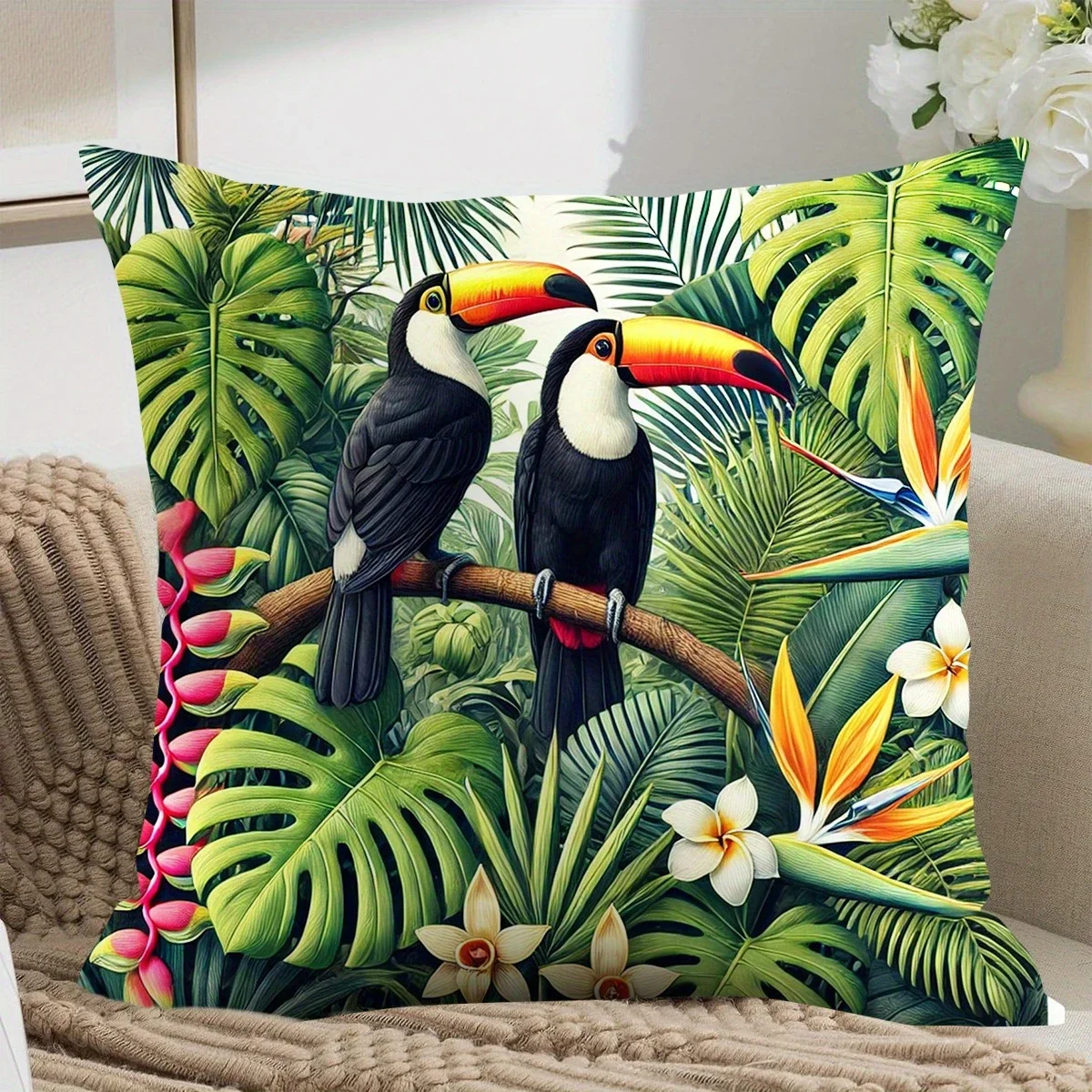 1Pc Tropical Toucan Cushion Cover Green Leaf Floral Print Pillowcase For Sofa Bed Living Room Decorative Throw Case Home Decorat