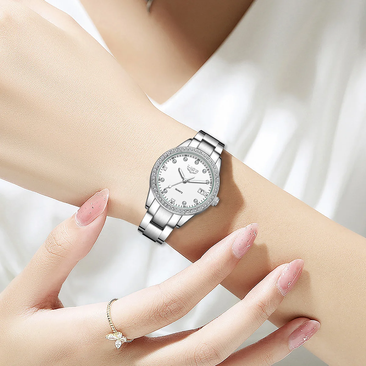 LIGE New Luxury Quartz Watch for Women Fashion Elegant Diamond Dial Ladies Watches Stainless Steel Waterproof Women's Wristwatch