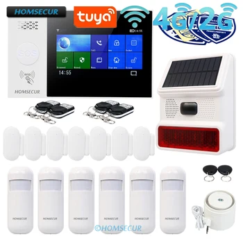 HOMSECUR Tuya APP Wireless WIFI 4G Home House Security Alarm System 433MHz+Wireless Solar Red Flash Siren 6 PIR Motion Detector