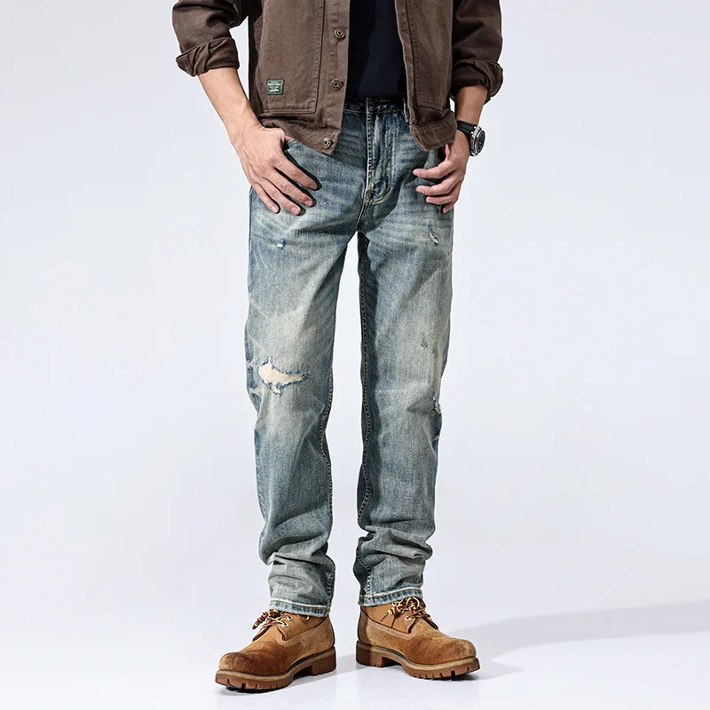 

2025 Spring and Autumn High quality Simple and Slim fit Ripped Jeans for Japanese Comfortable streetwear men jeans for men