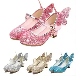 Princess Butterfly Leather Shoes Kids Diamond Bowknot High Heel Children Girl Dance Glitter Shoes Fashion Girls Party Dance Shoe