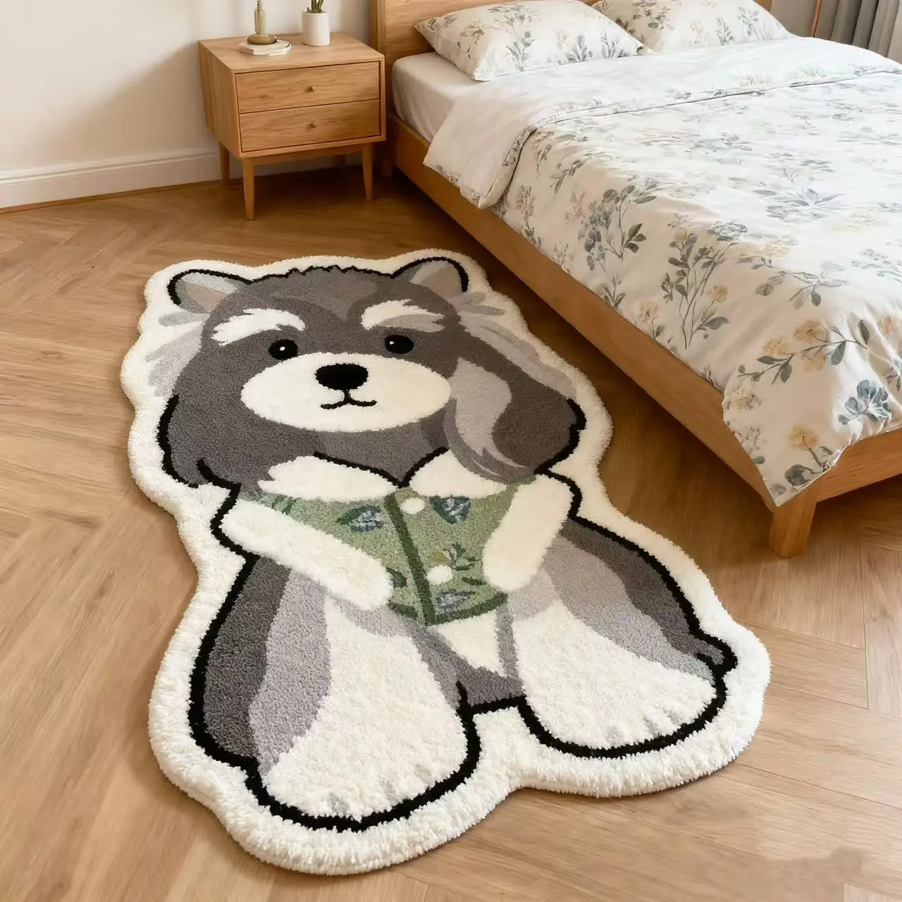 VIKAMA Schnauzer Dog With Vest Shaped Rug Non Slip Washable Plush Floor Mat Cartoon Bedside Carpet Pet Lover Home Decor