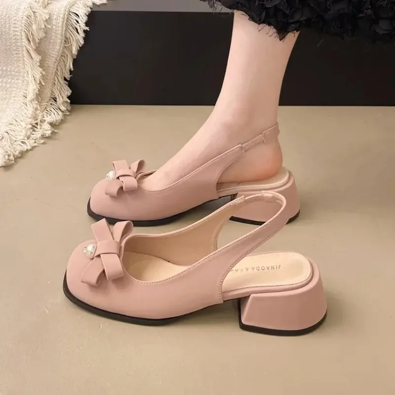 2025 Hot Seller New Summer Bow Coarse Heel Baotou Sandals Women's Shoes Square Head Small Fragrant Wind Back Empty Single Shoes