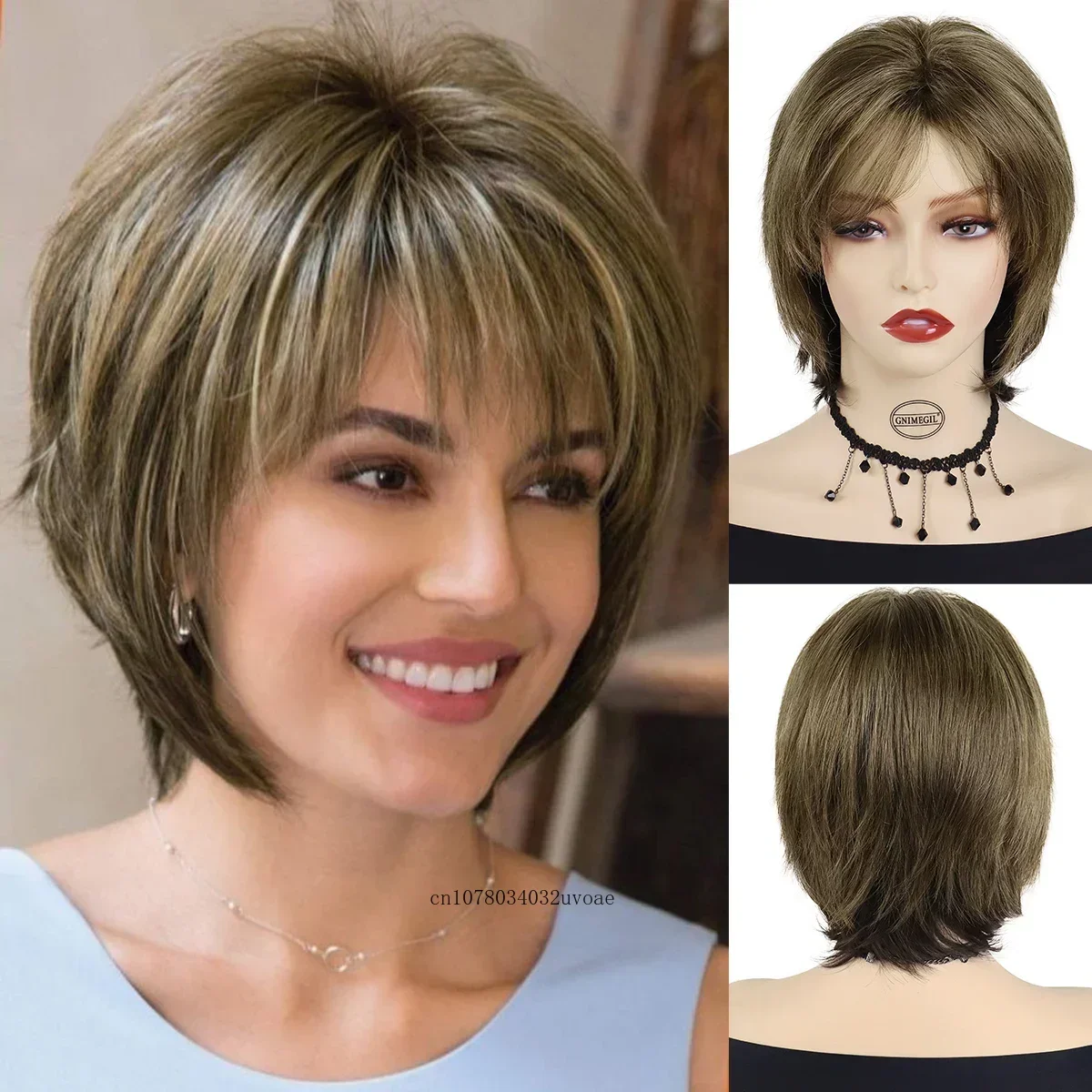 Synthetic Hair Short Wigs for Women Mixed Brown Wig with Bangs Trendy Bob Haircuts for Female Natural Wigs for Mother Outfits