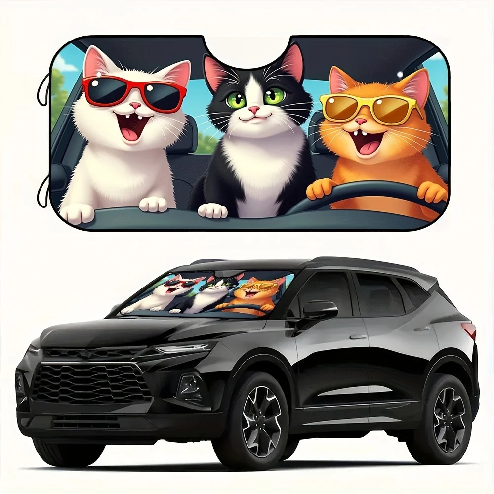 

1pc Foldable Funny Cats Car Sun Shade With 3 Cartoon Cats In Fashion Glasses Design, UV Protection Front Window Sun Visor For Ca
