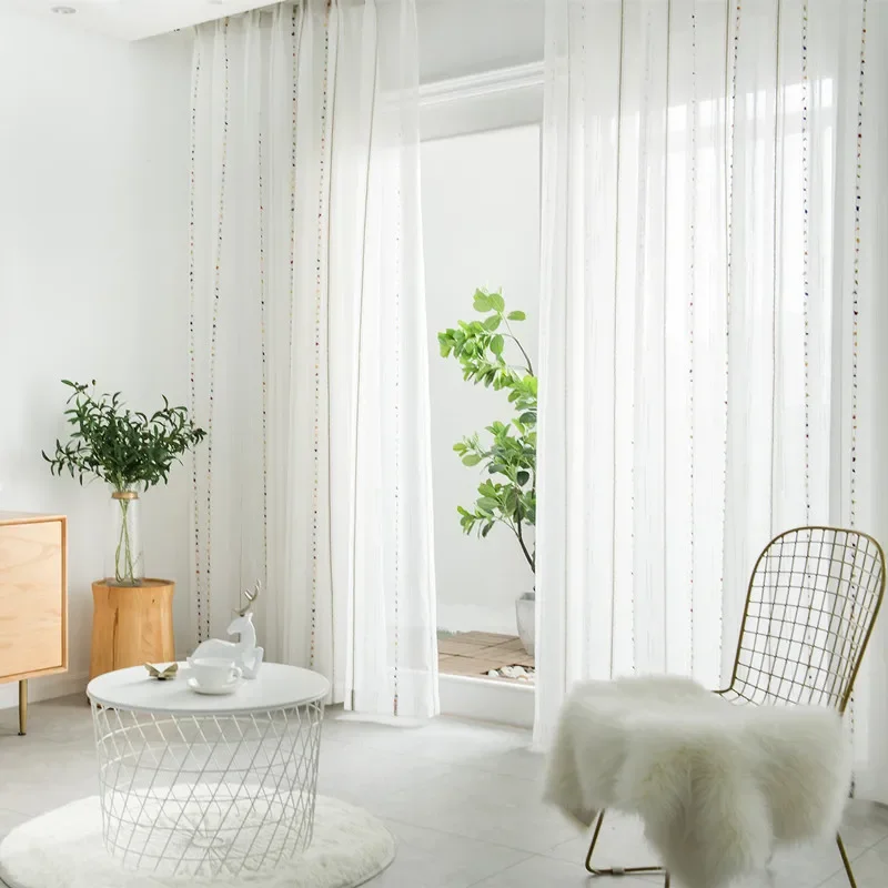 Nordic Vertical Colorful Stereoscopic Embroidered Line Bedroom Sheer Drape， Window Screens Tulle Curtains For Living Room Custom