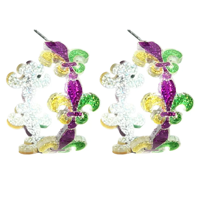 Mardi Gras Carnival Glitter Acrylic Hoops Flower Circle Holiday Earrings Women Jewelry Wholesales