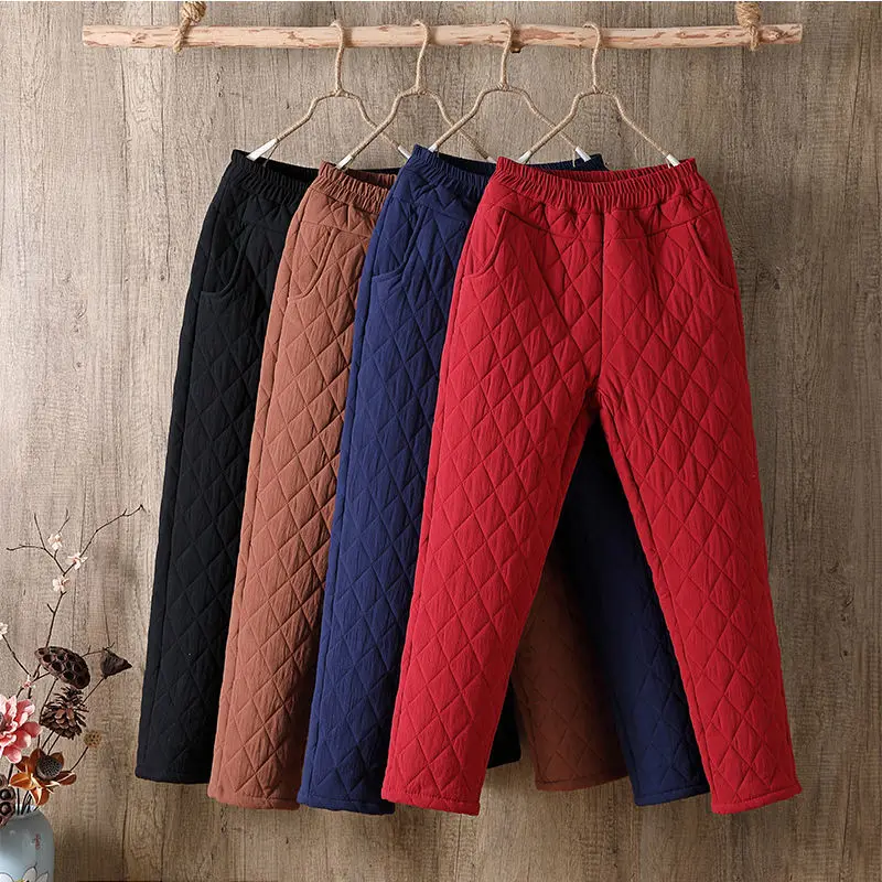 

Down cotton women's high waisted pants thick, windproof, loose, elastic waist, worn outside, warm women's cotton pants