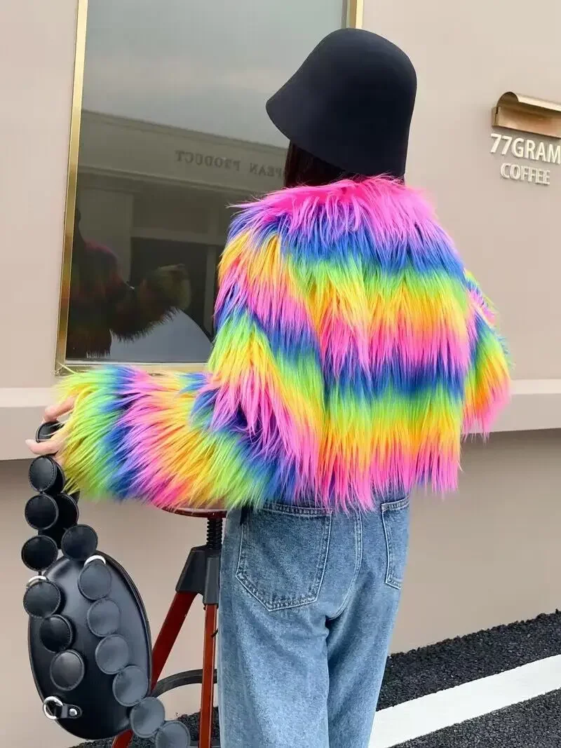 Fashion Colorful Rainbow Hairy Faux Fur Coat Women Crop Top 2023 Autumn Winter Fluffy Cropped Jacket Festival Clothing