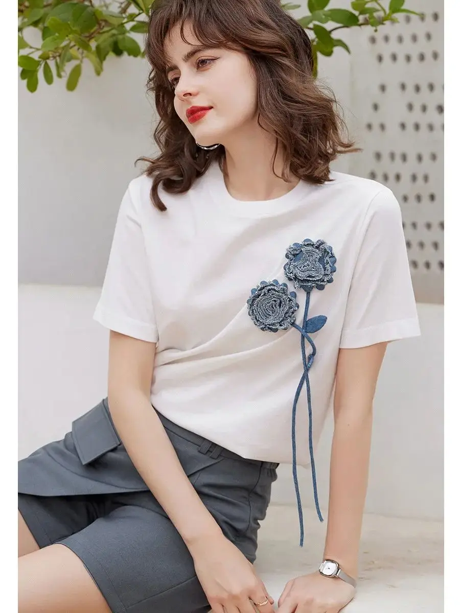 LOUIS YAO Women T-shirt 2024 Summer Casual Tee 3D Flower Loose O Neck Short Sleeve Basic Pullover Top