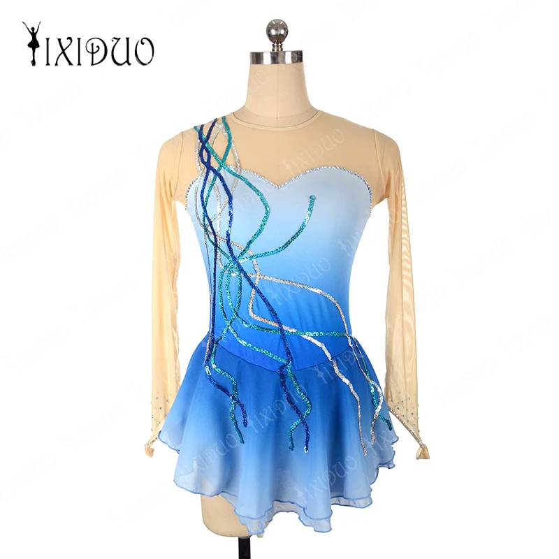 Blue Gradient Skating Suit Women's Long Sleeve Rhinestone Ballet Rhythmic Gymnastics Dance Suit for Child Girl Skating Suit