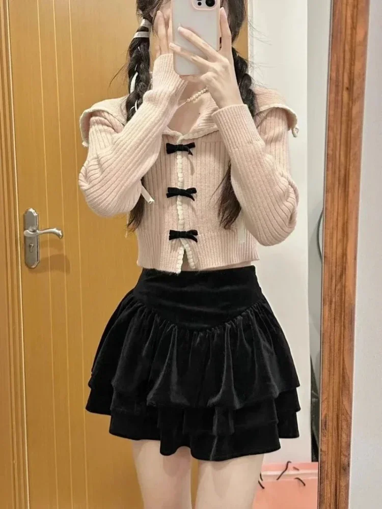 2023 Autumn Pink Sweet Cardigan Long Sleeve Y2k High Waist Knitted Coats Tops Japan Style Bow Sweaters Kawaii Slim Fit Women