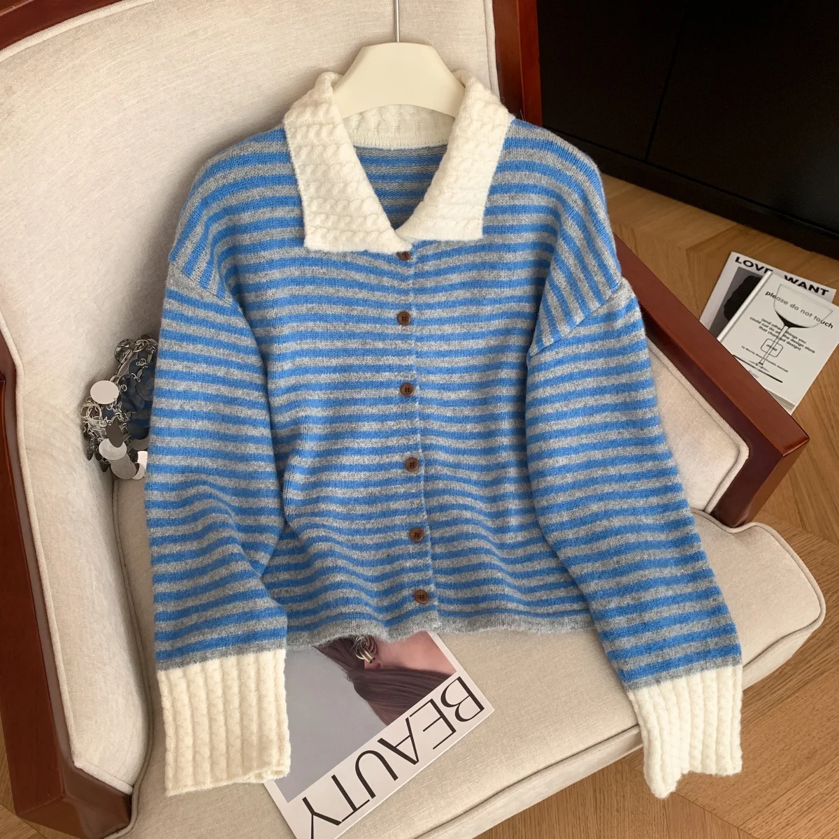 

Вязаный кардиган в синюю полоску для женщин, свитер, винтажный корейский джемпер 2000-х годов Y2k, кашемировый свитер с длинными рукавами, осенне-зимняя одежда