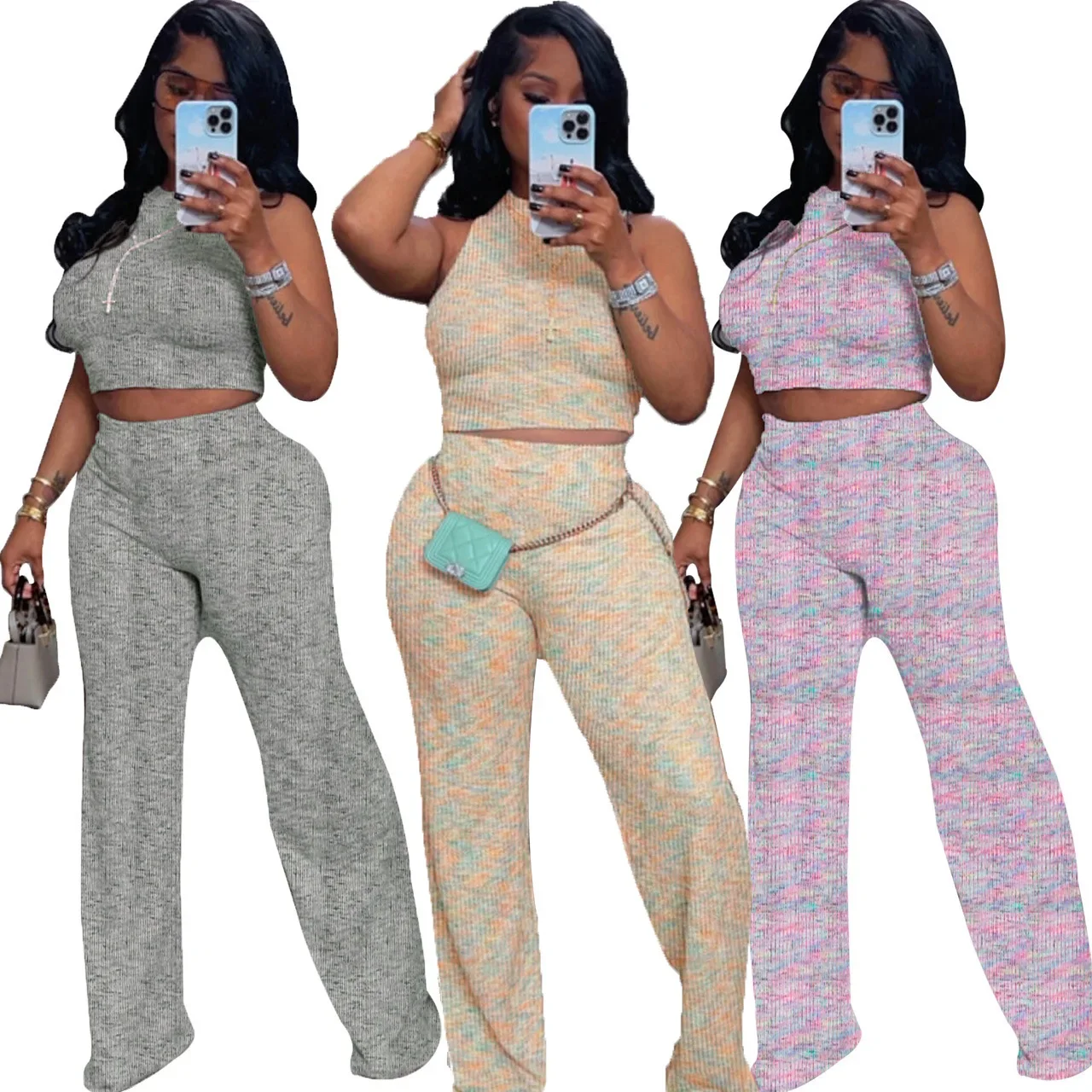 

Летний женский комплект из двух предметов без рукавов с принтом и широкими брюками 2025 г.