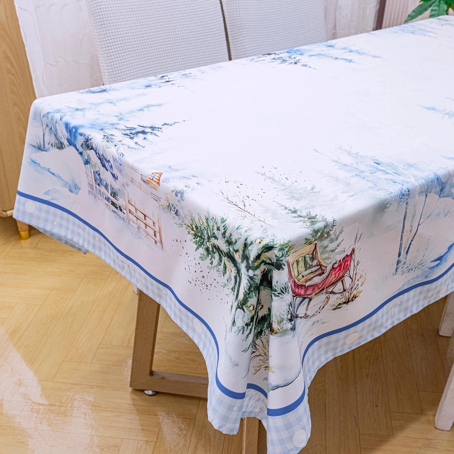 Blue Christmas snow scene sleigh printed polyester rectangular tablecloth, kitchen party dining tablecloth