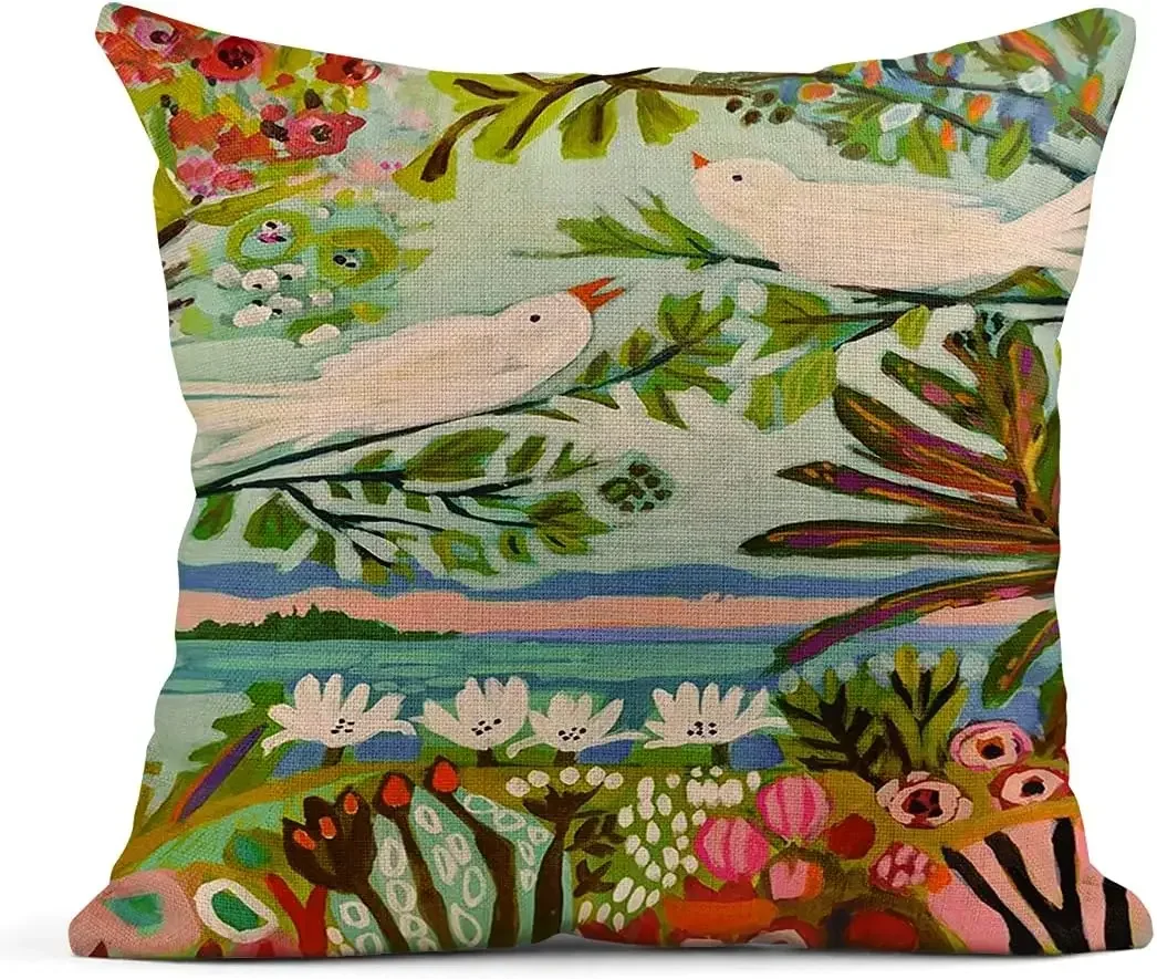 Colorful Birds in the Garden Flower Tree Linen Throw Pillowcase Home Decoration Pillowcase Square Cushion Cover Sofa