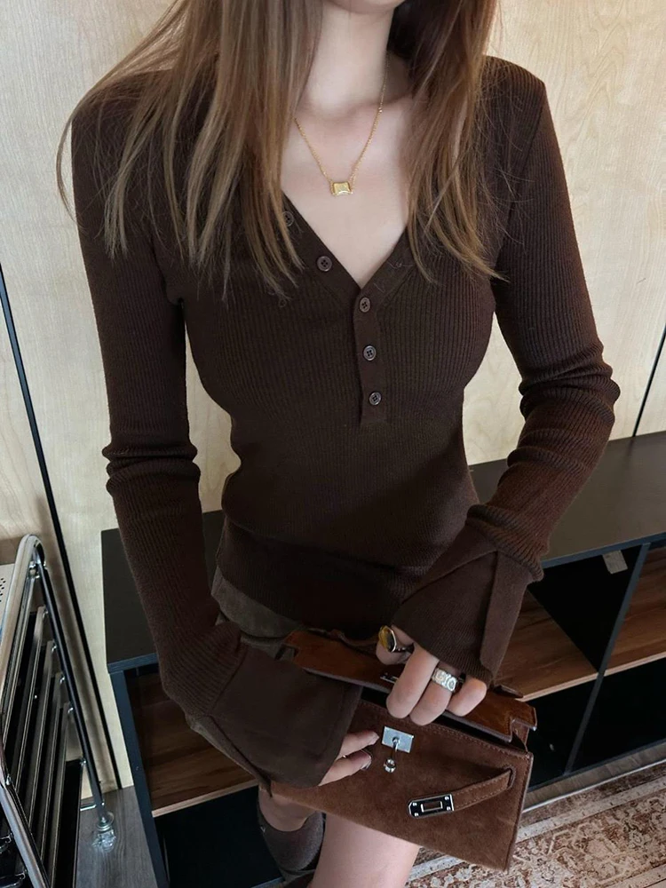 

Caramel V-ne Button-up Long Sve Knitwear Women's Autumn Winter Slim Fit Base irt High End Faionable Innerwear