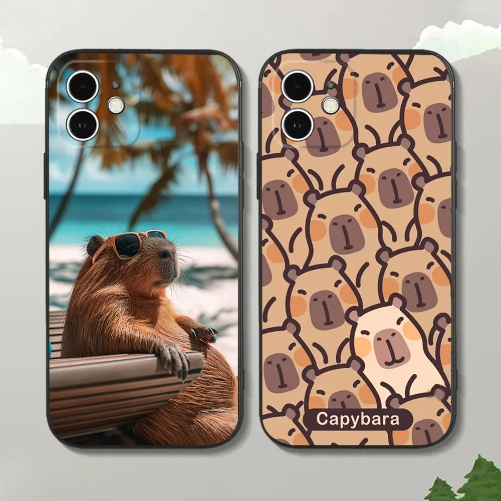 

Cute Animal Capybara Phone Case For iPhone16,15,14,13,12 Mini 11 Pro XR,X,XS,MAX 7,8 Plus Silicone Cover Soft Black